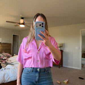 Pink Satin Cropped Shirt